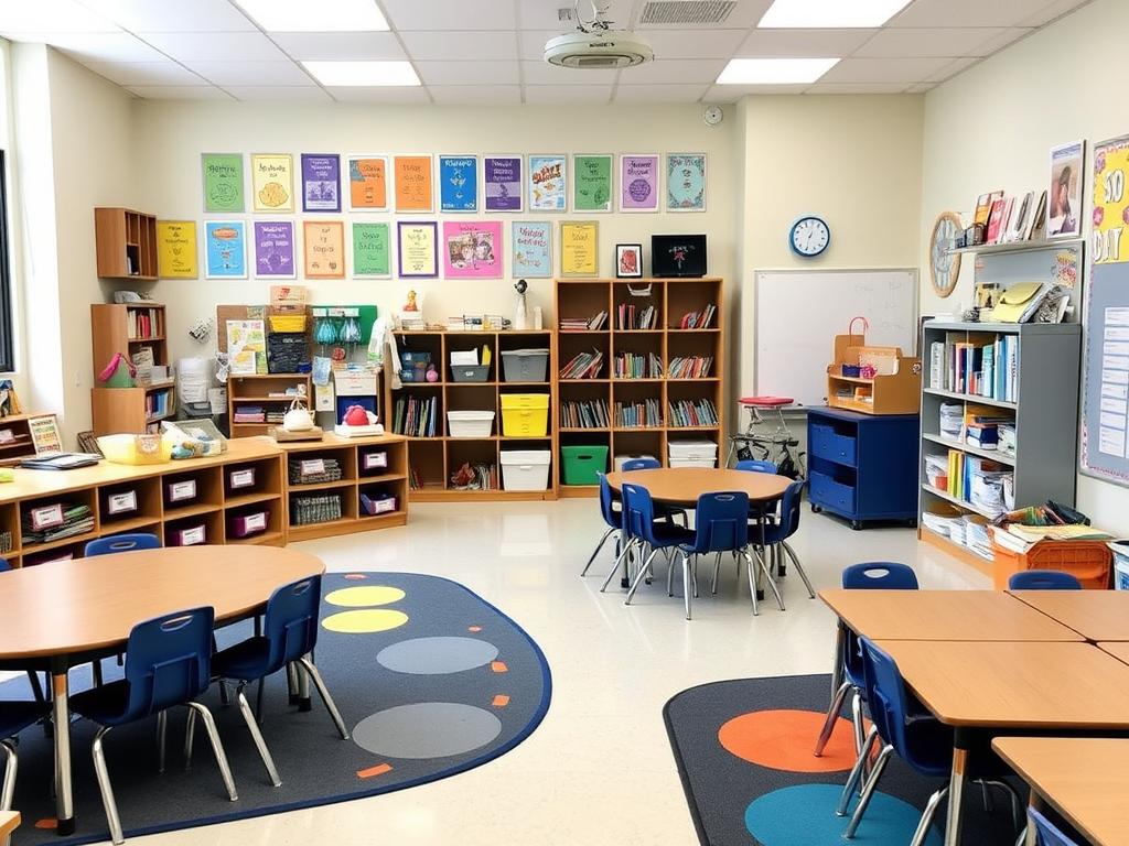 A well-organized classroom with clearly defined learning centers and accessible materials A well-organized classroom with clearly defined learning centers and accessible materials