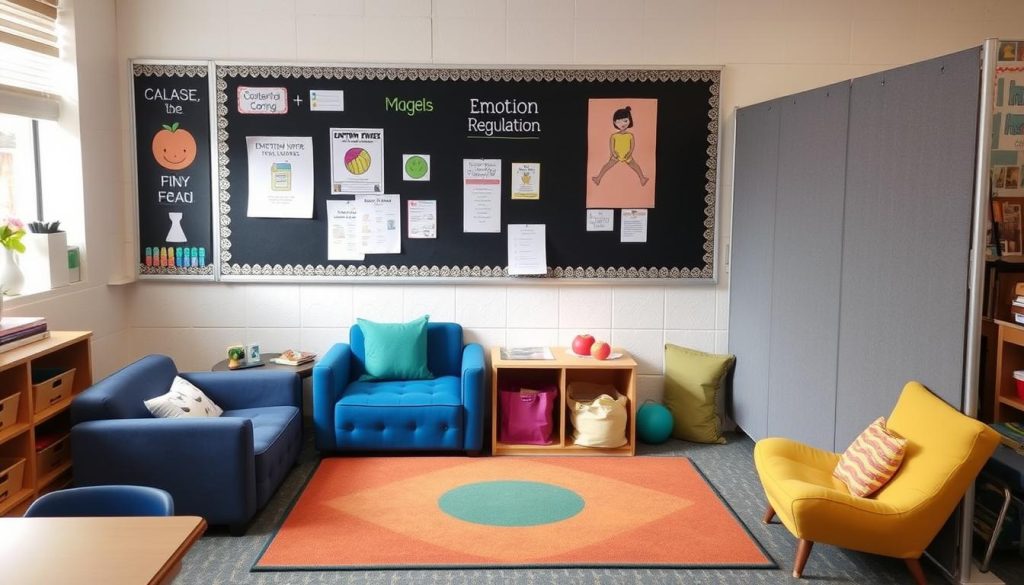 Calm classroom corner with sensory tools, comfort items, and visual supports creating a Safe and Valued Environment for trauma-affected students