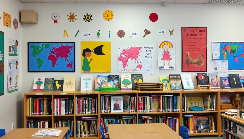 Classroom displaying diverse cultural elements and inclusive materials in a safe environment Classroom displaying diverse cultural elements and inclusive materials in a safe environment