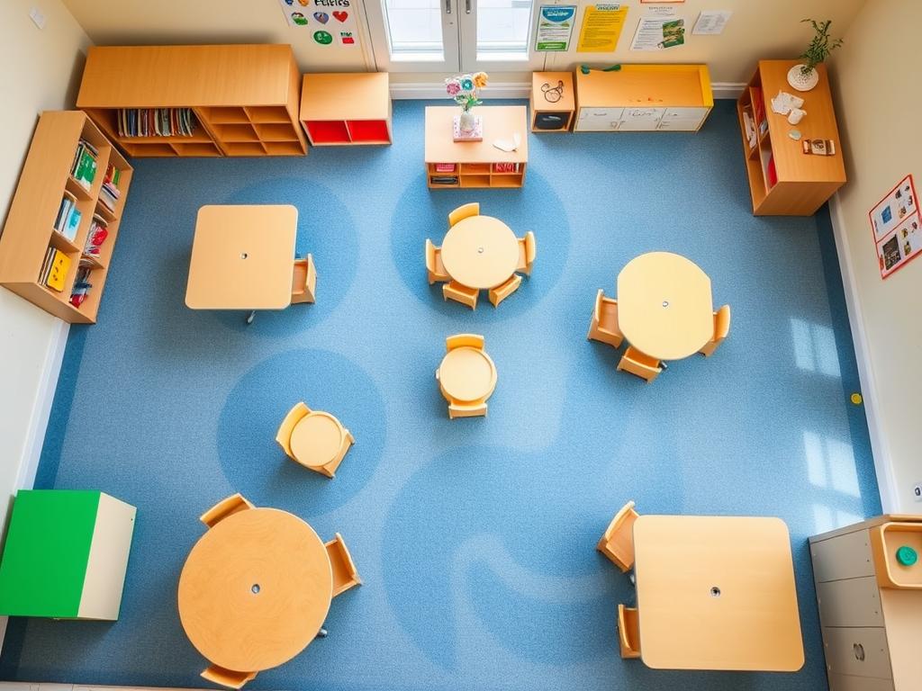 Classroom layout showing safe furniture arrangement and clear pathways in an early childhood environment Classroom layout showing safe furniture arrangement and clear pathways in an early childhood environment
