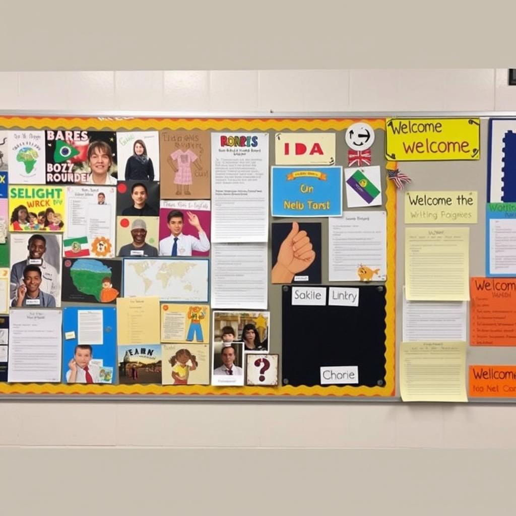 Classroom wall displaying diverse student work in a safe learning environment Classroom wall displaying diverse student work in a safe learning environment