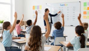 Diverse classroom of students engaged in vocabulary learning activity with teacher Diverse classroom of students engaged in vocabulary learning activity with teacher