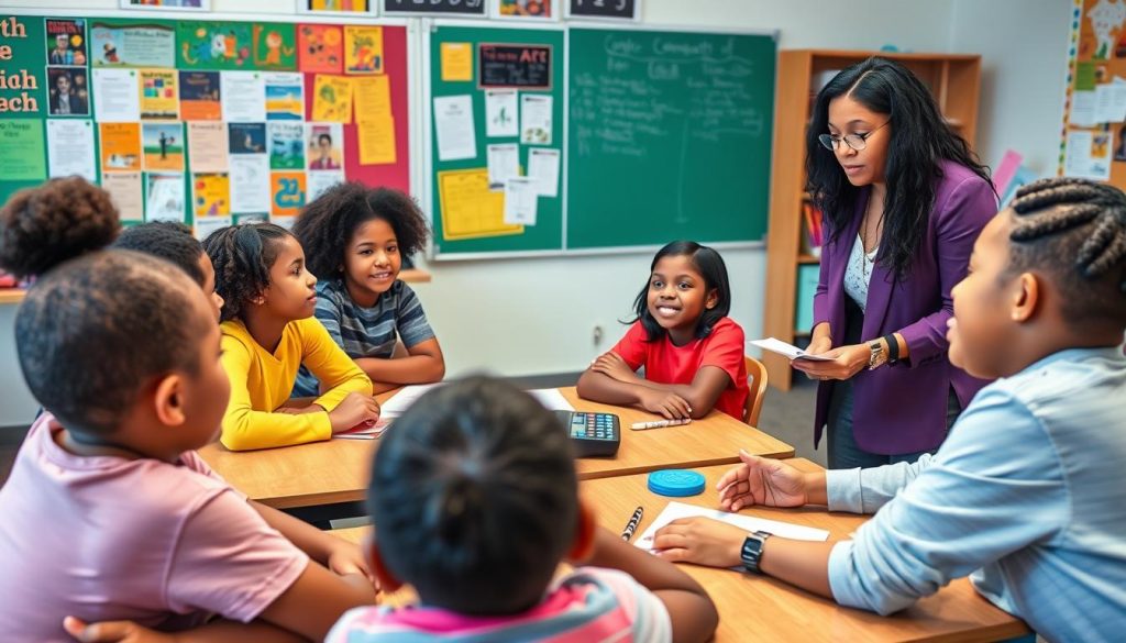 Diverse classroom with culturally responsive teaching materials visible