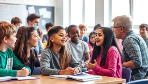 Diverse classroom with teacher engaging students in active learning
