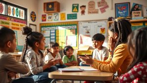 Diverse classroom with teacher supporting English Language Learners using Essential Strategies for Educators