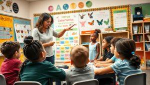 Diverse classroom with teacher teaching English language learners through visual aids