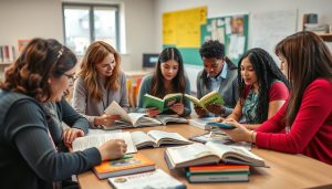 Diverse group of K12 teachers collaborating on reading strategies across different subject areas, highlighting the importance of teaching reading