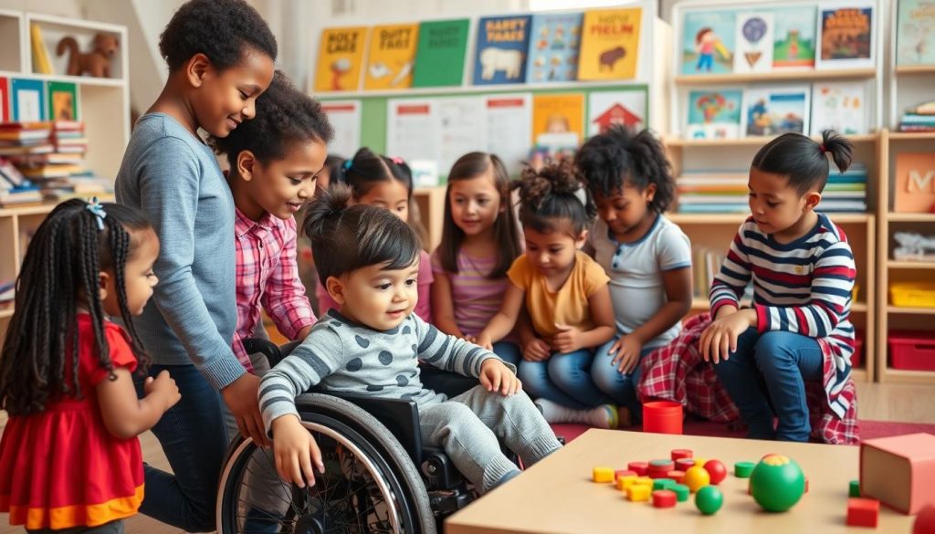 Diverse group of children engaged in collaborative learning in an inclusive early childhood environment Diverse group of children engaged in collaborative learning in an inclusive early childhood environment