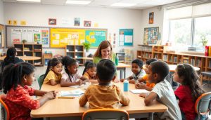 Diverse group of students collaborating in a safe learning environment classroom Diverse group of students collaborating in a safe learning environment classroom