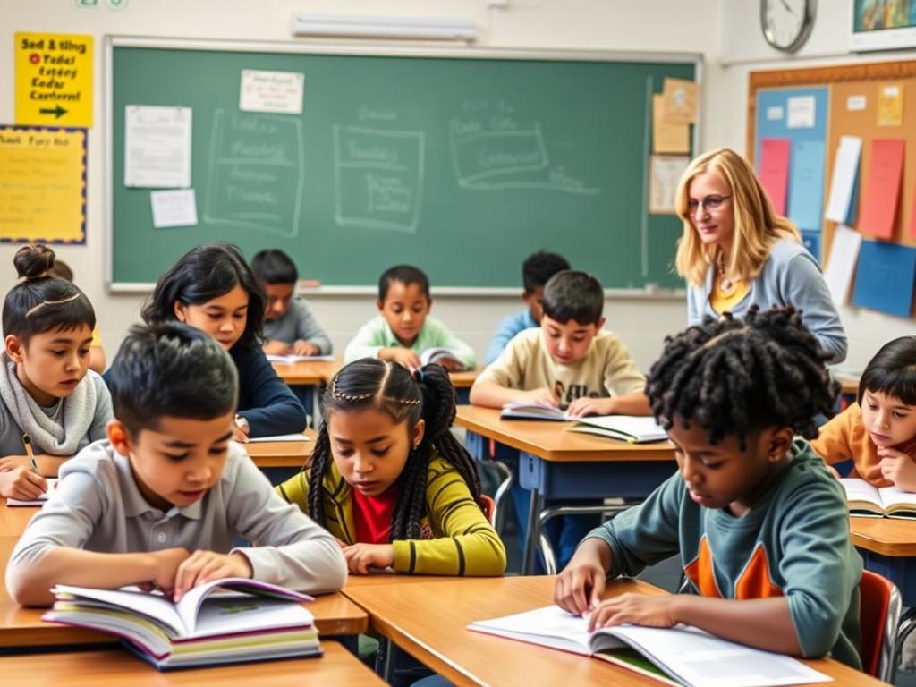 Diverse group of students with different reading abilities working on reading comprehension Diverse group of students with different reading abilities working on reading comprehension