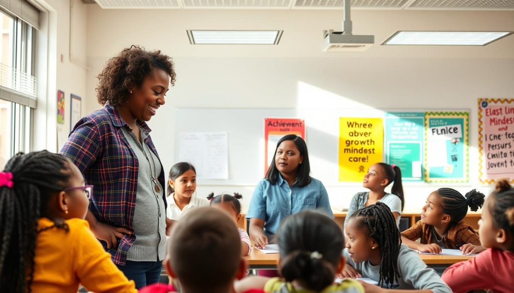 Diverse students engaged in collaborative learning with a teacher providing guidance and Diverse students engaged in collaborative learning with a teacher providing guidance and setting high expectations