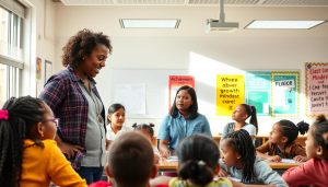 Diverse students engaged in collaborative learning with a teacher providing guidance and setting high expectations