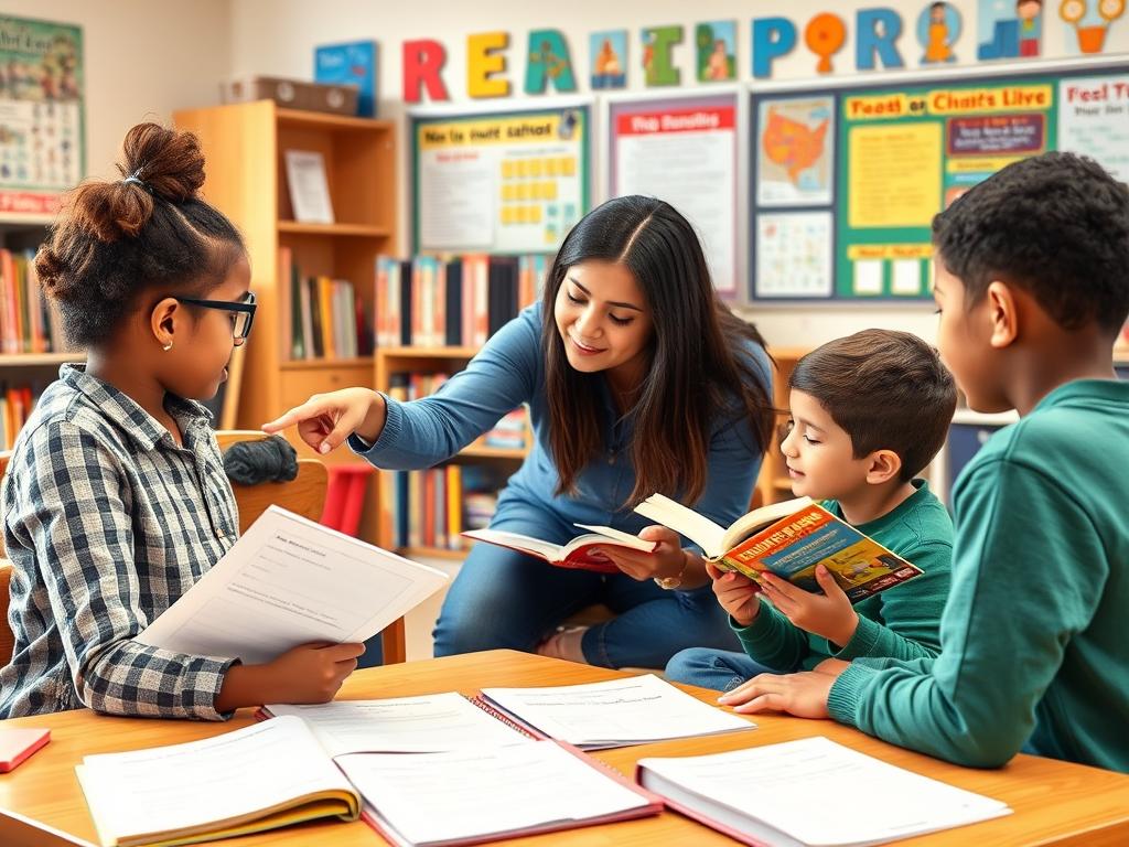 Elementary school teacher using graphic organizers to support reading comprehension with a Elementary school teacher using graphic organizers to support reading comprehension with a small group of diverse students