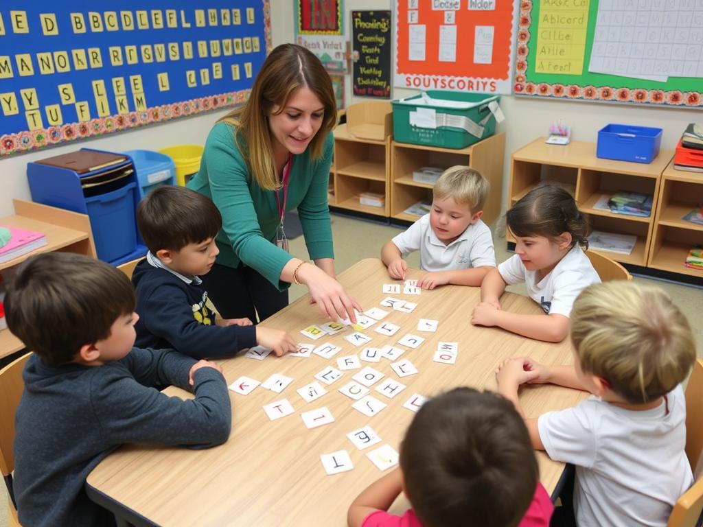 Elementary students engaged in phonics activities with a teacher, showing the importance of teaching reading fundamentals