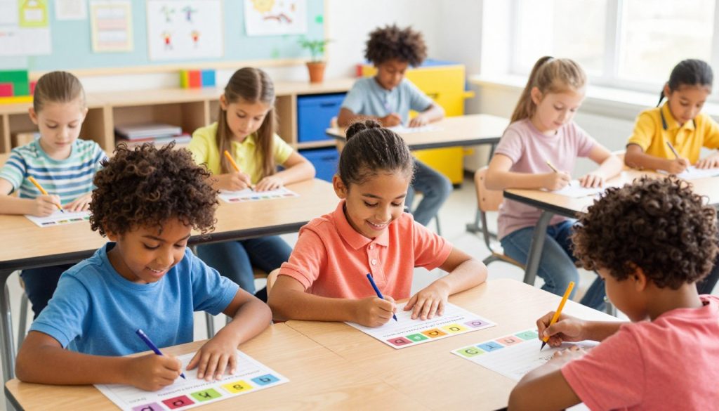 Elementary students engaged in vocabulary learning activities using colorful word cards and visual aids