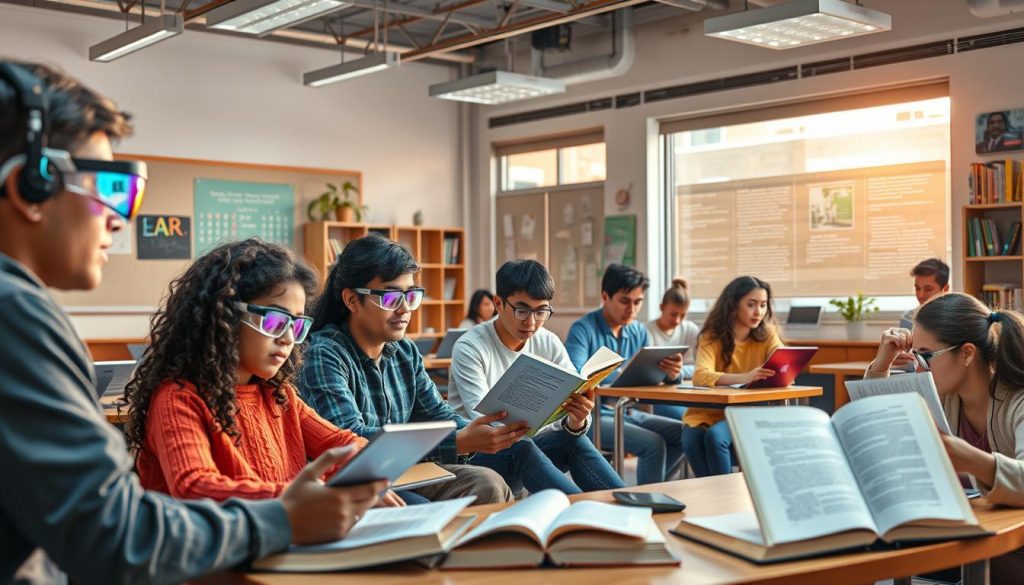 Futuristic classroom with advanced technology supporting personalized reading comprehension instruction