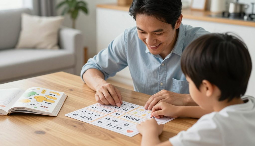 Parent and child engaged in a vocabulary activity at home Parent and child engaged in a vocabulary activity at home
