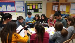 Students actively using reading comprehension strategies in a classroom Students actively using reading comprehension strategies in a classroom