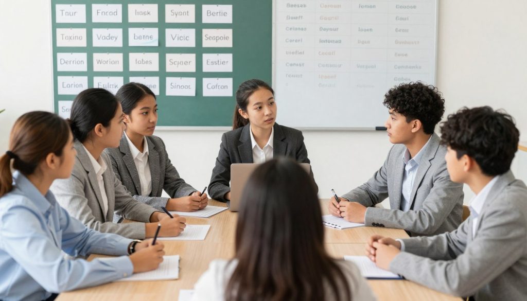 Students actively using vocabulary words in a classroom discussion applying the five key principles