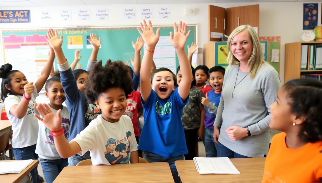 Students celebrating achievement in a high-expectations classroom
