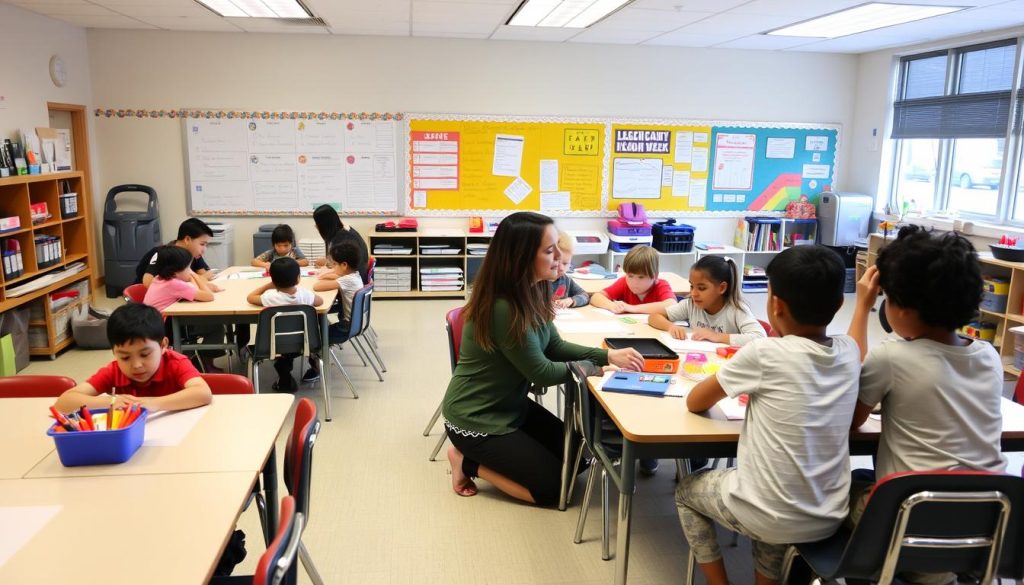 Students collaborating in a safe environment classroom with a teacher providing guidance Students collaborating in a safe environment classroom with a teacher providing guidance