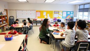 Students collaborating in a safe environment classroom with a teacher providing guidance Students collaborating in a safe environment classroom with a teacher providing guidance