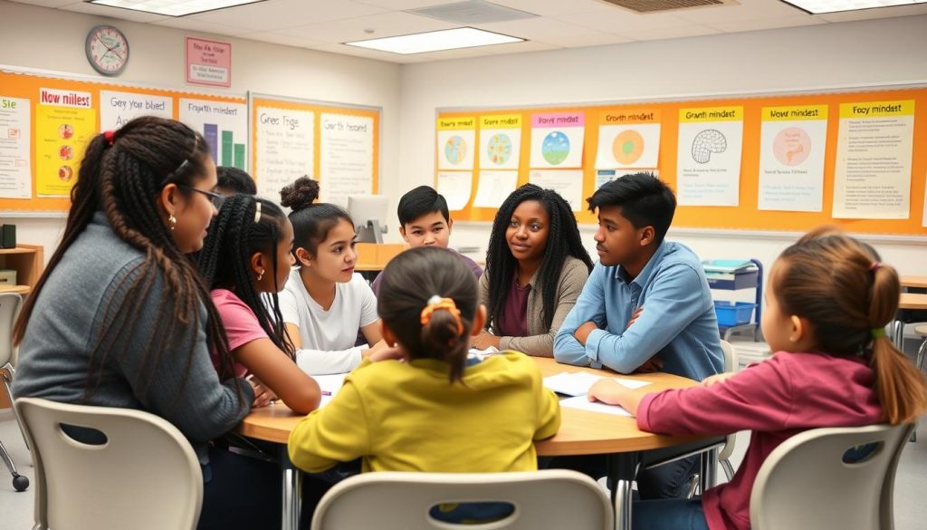 Students collaborating in small groups with growth mindset posters visible on classroom walls