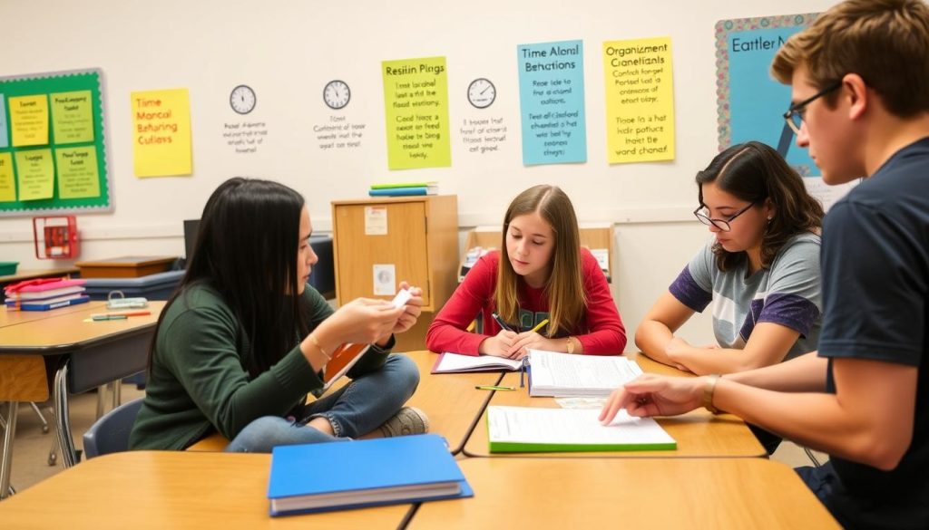 Students collaborating on a project while demonstrating strong academic behaviors