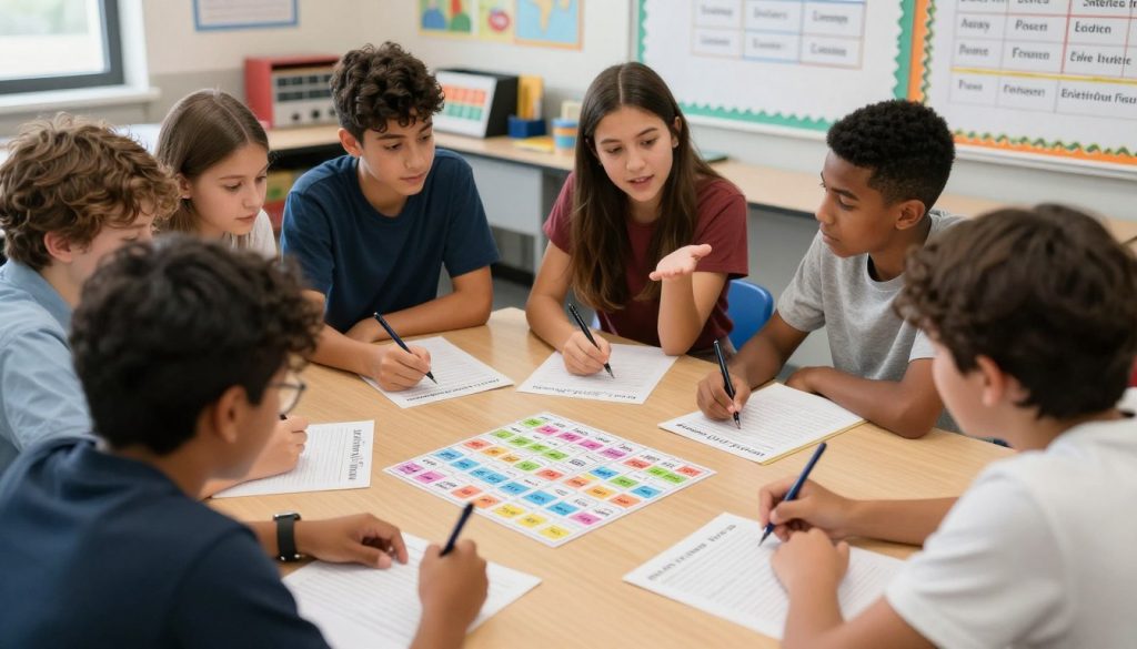 Students collaborating on vocabulary activities in small groups