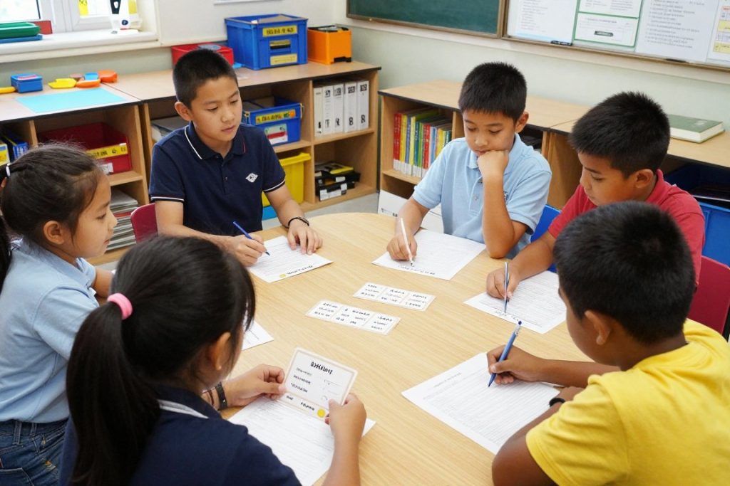 Students collaboratively working on vocabulary activities in small groups