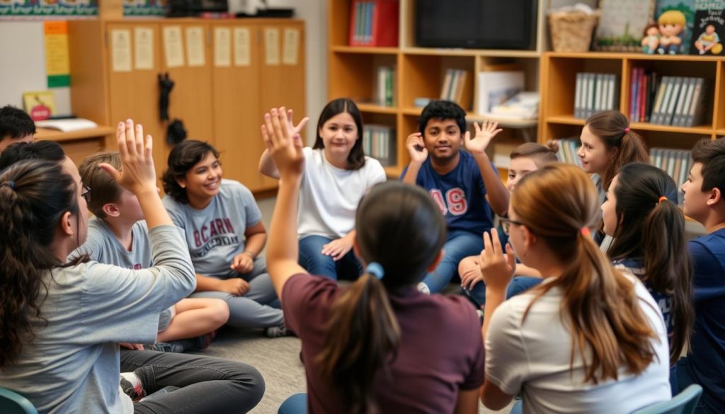 Students engaged in a discussion where diverse opinions are being shared in a safe environment Students engaged in a discussion where diverse opinions are being shared in a safe environment