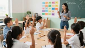 Students engaged in a multisensory vocabulary activity with movement and visual aids