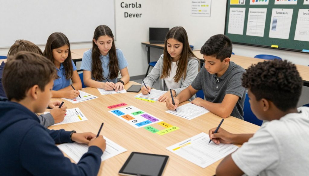 Students engaged in a vocabulary game with word cards in a classroom setting