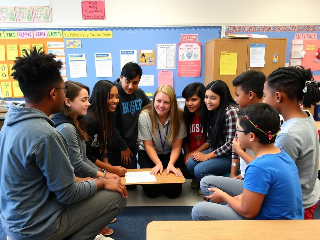 Students engaged in collaborative learning in a safe classroom environment with a teacher providing guidance Students engaged in collaborative learning in a safe classroom environment with a teacher providing guidance