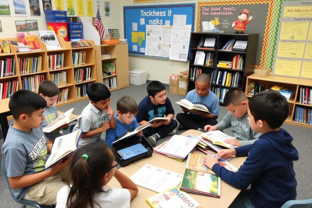 Students engaged in knowledge-building activities through diverse reading materials Students engaged in knowledge-building activities through diverse reading materials