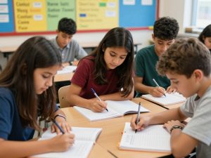 Students engaged in word consciousness activities with vocabulary journals and word walls visible
