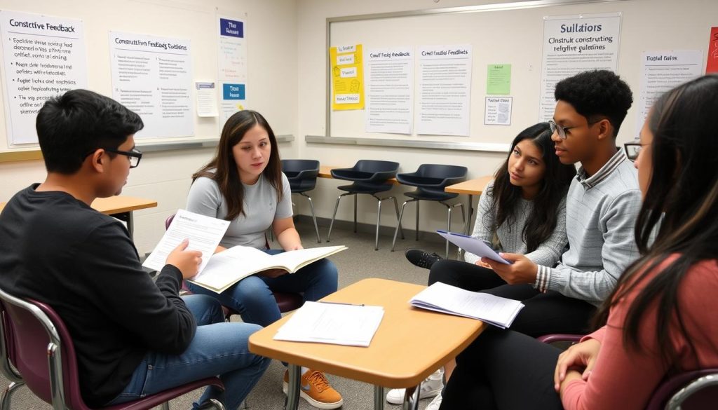 Students participating in a peer feedback session