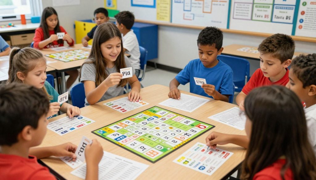 Students playing vocabulary games in small groups with word cards and game boards