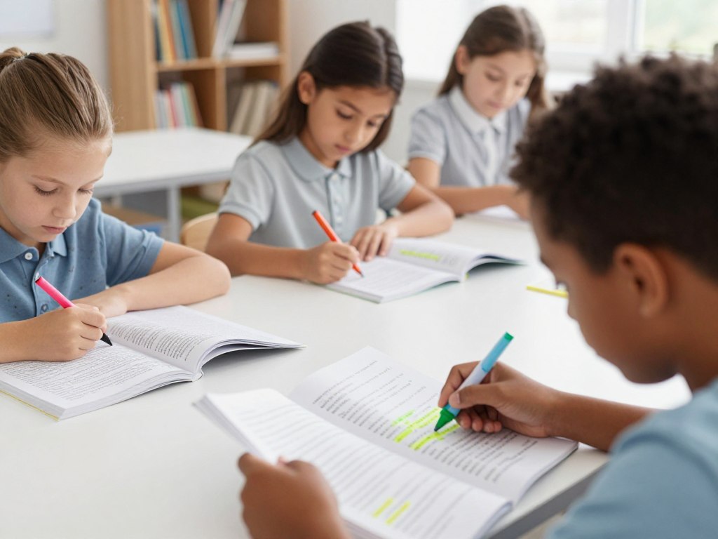 Students reading and highlighting vocabulary words in context