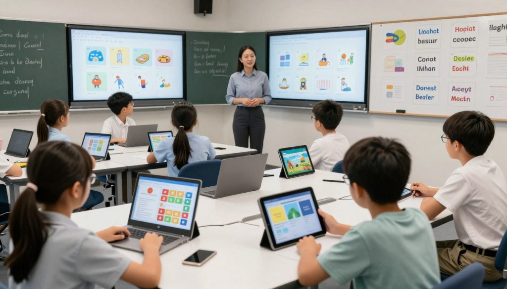 Students using tablets and computers for interactive vocabulary learning activities