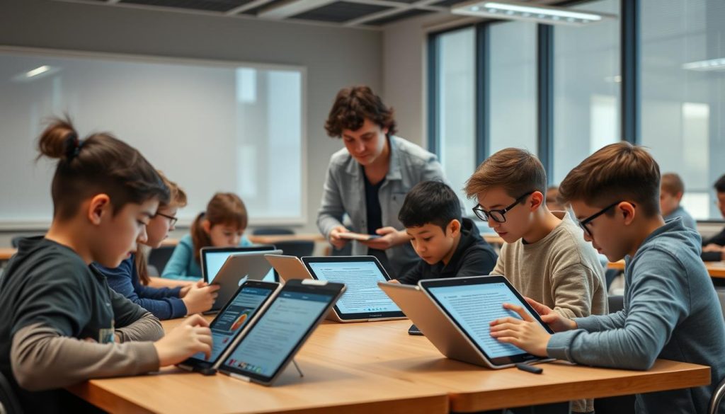 Students using tablets for digital reading activities with teacher guidance, illustrating modern approaches to the importance of teaching reading