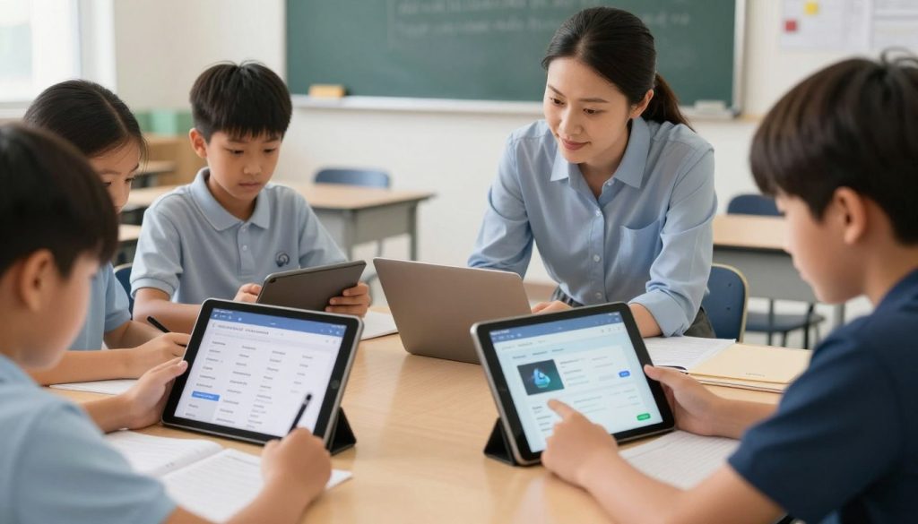 Students using tablets for interactive vocabulary learning