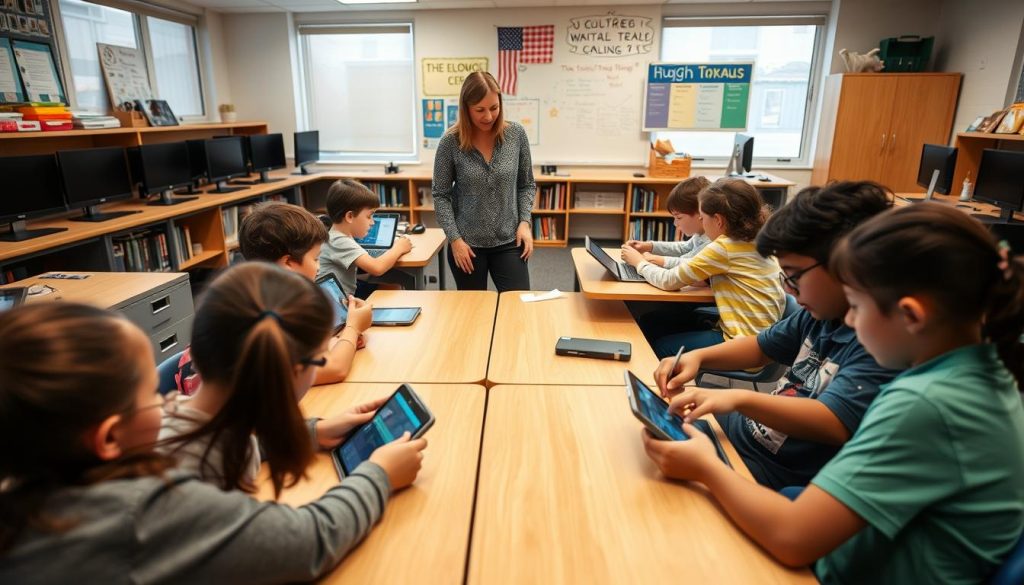 Students using technology collaboratively in a classroom with teacher guidance Students using technology collaboratively in a classroom with teacher guidance