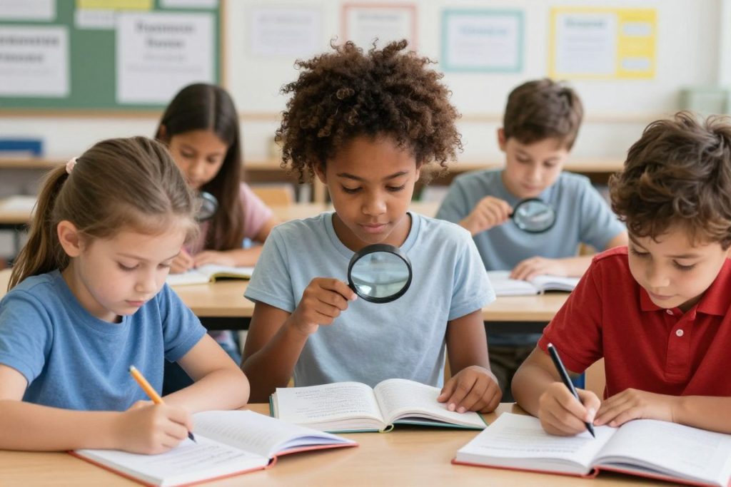 Students working as 'word detectives' with magnifying glasses examining text for context clues