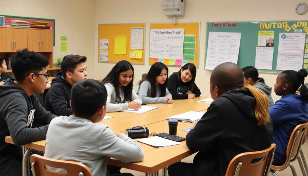 Students working collaboratively in small groups with clear expectations posted nearby