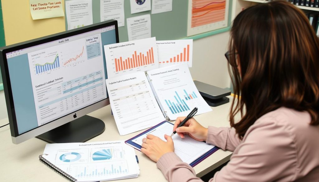 Teacher analyzing safety data as part of Safe Environment Model evaluation Teacher analyzing safety data as part of Safe Environment Model evaluation