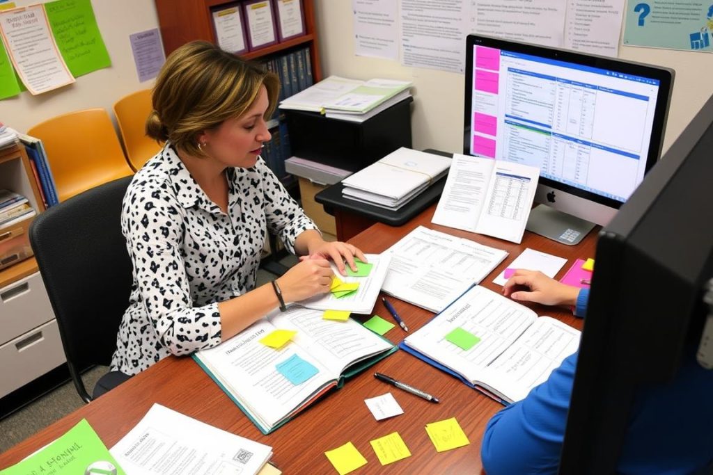 Teacher analyzing student reading comprehension assessment data Teacher analyzing student reading comprehension assessment data