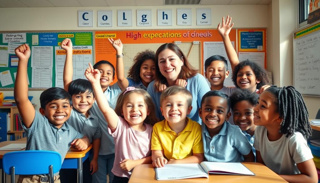 Teacher and students celebrating academic growth and success in a positive classroom environment Teacher and students celebrating academic growth and success in a positive classroom environment