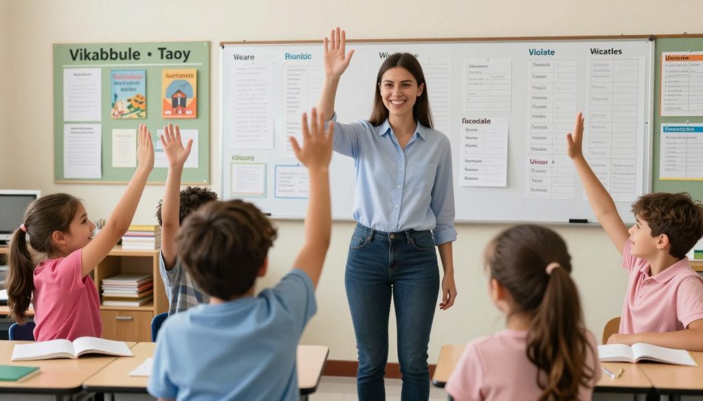 Teacher and students celebrating vocabulary learning success