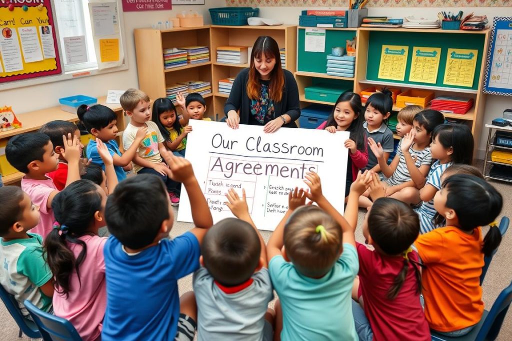 Teacher and students gathered around a chart paper co-creating classroom agreements for their Safe and Valued Environment